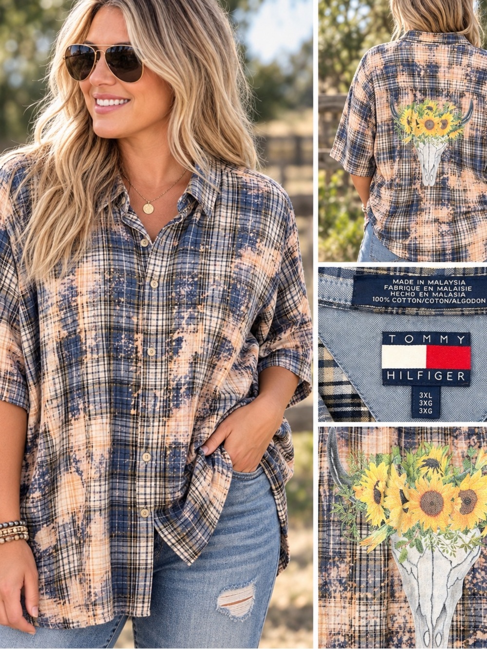 Tommy Hilfiger Upcycled Blue & Cream Plaid Shirt with Sunflower Skull Back